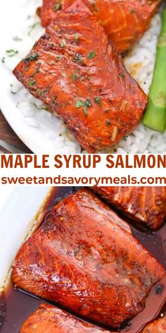 this is an image of maple syrup salmon with rice and asparagus on the side