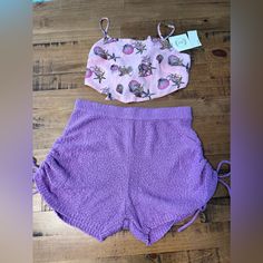 Both Brand New Free People Shorts And Urban Outfitters Top. Sold As A Set. Top Is A Small And Bottom Is A Medium Fitted Purple Shorts For Loungewear, Fitted Purple Shorts For Beach, Fitted Purple Shorts For The Beach, Fitted Purple Beach Shorts, Purple Loungewear Shorts For Summer, Summer Loungewear Purple Shorts, Summer Purple Lounge Shorts, Summer Purple Loungewear Shorts, Casual Purple Swimwear For Vacation