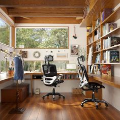 a home office with wooden floors and shelves filled with books, papers, and other items