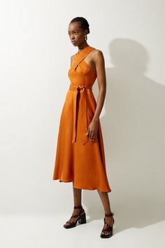 Premium Linen Tailored Halterneck Full Skirted Midi Dress | Karen Millen Tan Linen Dress Outfit, Chic A-line Dress With Crisscross Straps, Spring Midi Dress With Halter Neck And Crisscross Straps, Spring Halter Neck Midi Dress With Crisscross Straps, Midi Length Dress With Crisscross Straps For Date Night, Midi Dress With Crisscross Straps For Date Night, Party Dresses With Crisscross Straps, Midi Length, Date Night Midi Dress With Crisscross Straps, Fitted Midi Dress With Crisscross Straps For Summer