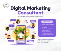 an advertisement for digital marketing consulting with people on the phone and social icons surrounding them