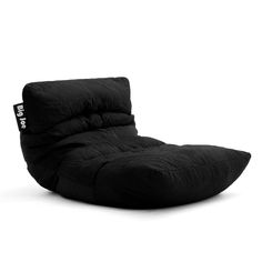 a black bean bag chair sitting on top of a white floor