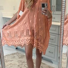 Brand New Cover Up That Sat Unworn In My Closet So It Gotta Go. Pretty Coral/Pink Color With Cold Shoulder Cut Outs. One Size. Crochet Lace Cover-up For Vacation, Spring Crochet Lace Beachwear Cover-up, Summer Lace Top For Vacation, Spring Vacation Crochet V-neck Top, Casual Pink V-neck Cover-up, Spring Beachwear Cover-up With Crochet Trim, Spring Beach Cover-up With Crochet Trim, Beachwear Lace Tops For Beach Season, Spring Beachwear Crochet Lace Top