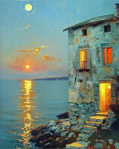 a painting of an old house by the water at sunset with the moon in the sky