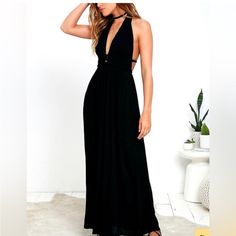 Never Worn And In Perfect Condition. Chic Black Maxi Dress For Vacation, Elegant Black Maxi Dress For Day Out, Casual Black Backless Maxi Dress, Black Halter Neck Dress For Day Out, Black Backless Maxi Dress For Day Out, Off The Should Dress, Greek Goddess Dress, Ivory Maxi Dress, Lulus Maxi Dress