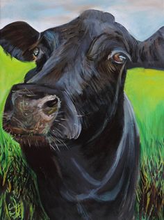 a painting of a black cow standing in the grass with its nose to the camera