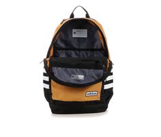 Synthetic upper, Adjustable padded shoulder straps, Approx. 18 1/2 inch H x 14 inch W x 6 1/2 inch D, Large zipper compartment with laptop pocket, Inner mesh pocket for added storage, Smaller zipper compartment for added storage, Side pockets, Padded back pannel for added comfort, Synthetic lining, Top loop handle, Handwash, adidas® branding details | Adidas Classic 3S IV Backpack in Mesa Brown Adidas Sporty Backpack, Adidas Sporty Standard Backpack, Adidas Sporty Backpack For Streetwear, Adidas Functional Backpack For Streetwear, Functional Adidas Backpack For Streetwear, Adidas Functional Streetwear Backpack, Adidas Sporty Backpack For Students, Lunch Box Backpack, Adidas Branding