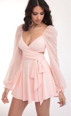 Pink A Line Dress, Pink Dress Outfits, Chiffon Wrap Dress, Pink Dress Short, Fest Outfits, Gaun Fashion, Chiffon Wrap, Hoco Dresses, Fancy Dresses