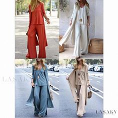 Lasaky - Fashionable Casual Loose Fit Three-Piece Set with Suspender Neckline, Straight-Leg Pants, and Long Open Cardigan Wide Leg Sets For Fall, Two-piece Long Sleeve Jumpsuits And Rompers For Summer, Summer Two-piece Long Sleeve Jumpsuits And Rompers, Two-piece Long Sleeve Jumpsuits For Summer, Solid Color Matching Set For Fall, Solid Color Two-piece Set For Day Out, Solid Matching Sets For Spring, Non-stretch Spring Loungewear Sets, Spring Non-stretch Day Out Sets