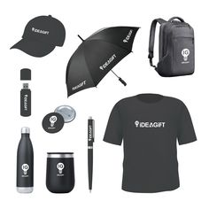 an assortment of items that include a backpack, umbrella and water bottle are shown in this image