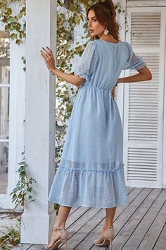 European Women, Midi Short Sleeve Dress, Ruffle Hem Dress, Flounce Sleeve, Pink Midi Dress, Puffed Sleeves Dress, Sleeve Midi Dress, Mid Dresses, Swiss Dot