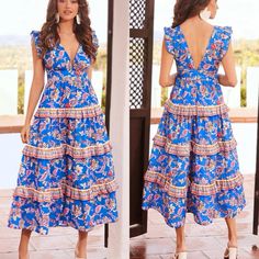 Size Medium Nwot Never Worn Length:50.6 Inch, Bust:35.8 Inch, Waist Size:29.5 Inch, Hip Size:42.7 Inch Multicolor Style: Boho Pattern Type: Floral, All Over Print Neckline: Deep V Neck Details: Ruffle, Backless, Tiered Layer, Ruffle Hem, Zipper : A Line Sleeve Length: Cap Sleeve Sleeve Type: Flounce Sleeve Waist Line: High Waist Hem Shaped: Layered/Tiered Length: Long Fit Type: Regular Fit Fabric: Non-Stretch Material: Woven Fabric Composition: 100% Polyester Care Machine Wash, Do Not Dry Clean,Wash With Instructions: The Soft Detergent Blue Bohemian Maxi Dress With Ruffle Hem, Blue V-neck Midi Dress With Ruffles, Blue V-neck Maxi Dress With Ruffle Hem, Lace Bodice Maxi Dress, Velvet Formal Dress, Off Shoulder Bridesmaid, Plain Maxi Dress, Neck Details, Denim Maxi Dress