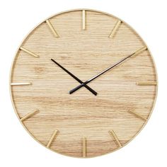 a wooden clock with black hands and gold numbers