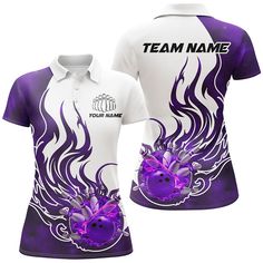 Crafted with the passionate female bowler in mind, our Women's Bowling Polo and Quarter-Zip Shirts are your canvas to express your love for the game. ✔️ Custom Women's Bowling Shirts Our uniquely designed bowling polo and quarter-zip shirts are ideal for proud female bowlers who want to make a bold statement. With a stylish form and distinctive design, these shirts set you apart from the rest, highlighting your passion and confidence in bowling. Add your personal touch to create a one-of-a-kind Fitted Purple Tops With Sublimation Print, Fitted Sublimation Design T-shirt For Team Events, White Fitted Shirt With Team Name, Fitted Tops With Sublimation Print For Team Events, Bowling Team Shirts, Purple Flame, Owl Shirt, Bowling Team, Bowling Shirt