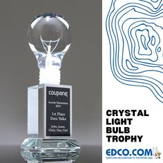 a crystal light bulb trophy is shown in front of a gray background with the words crystal light bulb trophy