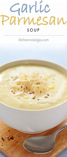 garlic parmesan soup in a white bowl on a cutting board