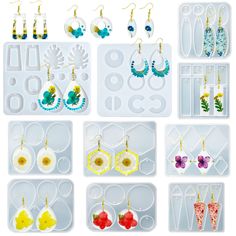 a collection of earrings and earring sets in plastic trays on white background with text overlay