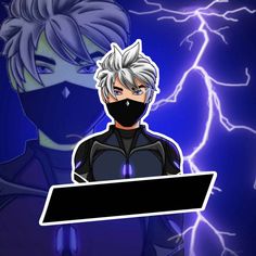 an anime character wearing a face mask and holding a sign with lightning behind him in the background