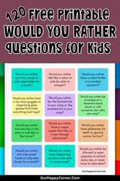 a poster with the words 20 free printable would you rather questions for kids?