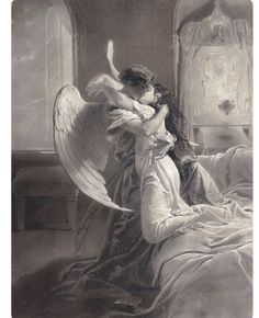 an angel is hugging a woman on the bed