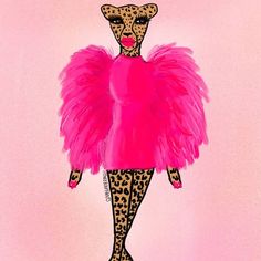 a drawing of a woman in pink and leopard print with an animal print on the bottom