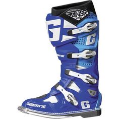 a pair of blue and white motorcycle boots