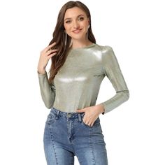 The metallic fabric adds multi-shine to this comfy and casual puff-sleeve top. Patterned in metallic, this round-neck shirt is suitable for a night out, club, and parties. Wear it with wide-leg trousers or style it with leather leggings and heels for the evening. It's designed with a round neck and puff sleeves and it has textured fabric that sets it apart from a more simplistic style. Fitted Crew Neck Top For Party, Fitted Crew Neck Blouse For Party, Trendy Long Sleeve Tops For Party Season, Trendy Long Sleeve Party Tops, Trendy Fitted Gold Top, Trendy Gold Fitted Top, Fitted Crew Neck Tops For Party Season, Trendy Fitted Gold Blouse, Trendy Fitted Top Blouse For Party