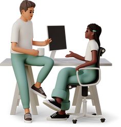 a person sitting at a desk with a computer and another person standing next to him