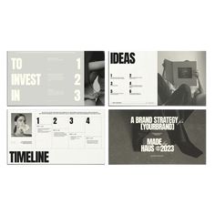 four different brochures with black and white images