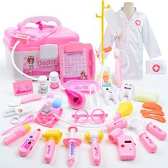 an assortment of children's toys and medical supplies