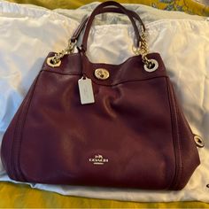 Coach Edie Leather Handbag In Eggplant With Gold Hardware. Used But In Excellent Condition. Dust Bag Is Included. Purple Leather Shopping Shoulder Bag, Purple Leather Shoulder Bag For Shopping, Purple Leather Satchel Bags, Luxury Purple Bags For Everyday Use, Luxury Everyday Purple Bags, Purple Leather Tote Shoulder Bag, Luxury Purple Tote Shoulder Bag, Luxury Purple Tote Satchel, Coach Burgundy Shoulder Bag With Gold-tone Hardware