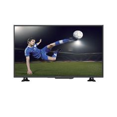 a man kicking a soccer ball on top of a tv screen in front of him