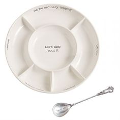 an empty white plate and spoon with the words let's bake don't it