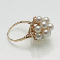 Vintage 14k yellow gold white pink Pearl Cocktail Ring Vintage large right hand ring Elegant Cluster Pearl Ring For Formal Occasions, Elegant Formal Cluster Pearl Ring, Elegant Cluster Pearl Ring Gift, Elegant Cluster Pearl Ring As A Gift, Classic Cluster Pearl Ring For Wedding, Classic Wedding Pearl Ring With Cluster Shape, Fine Jewelry Pearl Cluster Ring For Wedding, 14k Stamped Pearl Wedding Ring, Cluster Pearl Wedding Ring