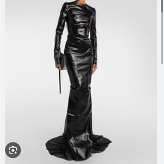 All Black Leather Long Sleeve Gown Designer Fitted Evening Dress, Designer Floor-length Evening Dress, Leather Gown, Rick Owens Dress, Sleeve Gown, Long Sleeve Gown, Rick Owens, All Black, Black Leather