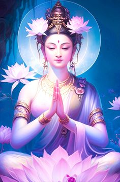 the buddha is sitting in front of a lotus flower and meditating with her eyes closed