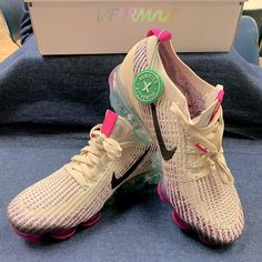 Nike Air Vapormax Flyknit 3 Shoes New In Box Never Worn Multicolor Running Shoes With Air Cushioning For Spring, Pink Air Max Cushioned Comfortable Sneakers, Pink Comfortable Sneakers With Air Max Cushioning, Comfortable Pink Sneakers With Air Max Cushioning, Pink Mesh Running Shoes For Spring, Nike Casual Sneakers For Light Exercise, Comfortable Pink Sneakers With Air Cushioning, Casual Spring Running Shoes With Air Max Cushioning, Nike Air Vapormax Flyknit 3