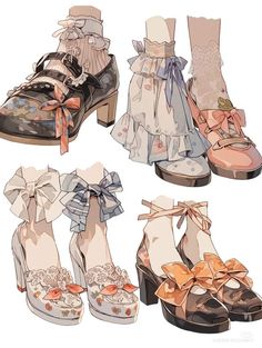 four different types of shoes with bows on the sides and heeled heels in front