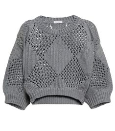 Brunello Cucinelli’s cotton-blend sweater takes inspiration from the rustic textures of matting for a lightweight yet comfortable feel. It’s defined by its volume sleeves and diamond-patterned net-effect knit. Knitting Fashion, Volume Sleeves, Designer Shopping, Knit Stitch Patterns, Mohair Sweater, Knitting Women Sweater, Knit Stitch, Knitting Women, Knit Fashion