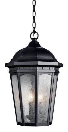 an outdoor hanging light with two lights on it