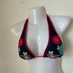 New Without Tags Attached - Removable Padding - Navy Blue With Red Turquoise Yellow Green Floral Embroidery Great Condition No Flaws Bohemian Blue Halter Neck Swimwear, Fun Blue Swimwear For Beach Season, Embroidered Swimwear For Summer Beach, Embroidered Swimwear For Beach In Summer, Embroidered Swimwear For Beach Season, Embroidered Beachwear Swimwear For Beach Season, Embroidered Swimwear For Beach Vacation, Embroidered Beachwear For Beach Season, Summer Floral Embroidered Swimwear For Beach