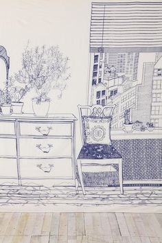 a drawing of a dresser and chair in front of a window with cityscape