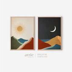 two framed art prints with mountains and the sun above them, on a white wall