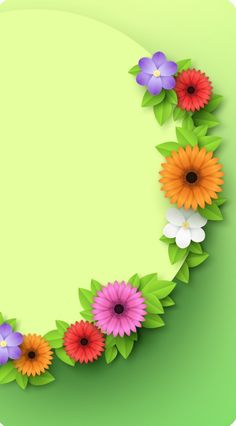 colorful flowers are arranged on the corner of a green paper background with space for text