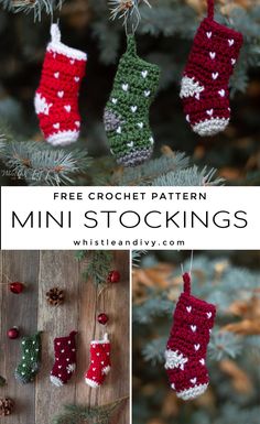 crocheted christmas stockings hanging from a tree with text overlay that says free crochet pattern mini stockings