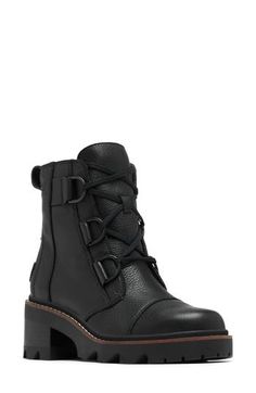 An essential city boot in a lace-up style with D-ring hardware and lug sole can easily be styled up or down to match your style mood. 2 1/4" heel; 3/4" platform (size 8.5) 5 1/2" shaft Removable EVA insole Leather upper/textile lining/rubber sole Imported Lace Up Boots Women, Sorel Joan, Lace Up Combat Boots, Sorel Womens, Womens Ankle Boots, Lace Boots, Boot Shoes Women, Lace Up Boots, Winter Boots