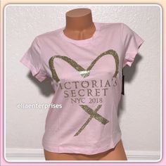 Victoria's Secret Fashion Show 2018 Baby Tee *Brand New- Removed From Packaging To Capture Photos* - Lightweight - Scoopneck - Glitter Graphics - Cotton Blend No Trades Fitted Glitter Print Crew Neck Top, Spring Glitter Print Crew Neck T-shirt, Spring Crew Neck T-shirt With Glitter Print, Fitted Pink Victoria's Secret Top, Fitted Glitter Print Cotton Top, Pink Fitted Top With Logo Print, Fitted Pink Tops With Logo Print, Fitted Cotton Top With Glitter Print, Spring Crew Neck Tops With Glitter Print