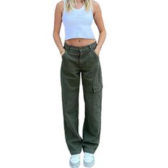 Army Green Streetwear Pocket Denim Pants Khaki Wide Leg Jeans With Five Pockets, Khaki Wide-leg Jeans With Five Pockets, Trendy Khaki Relaxed Fit Jeans, Khaki Wide Leg Relaxed Fit Jeans, Baggy Cargo Style Jeans For Spring, Baggy Mid-rise Cargo Jeans For Fall, Khaki Utility Jeans For Fall, Non-stretch Casual Cargo Jeans For Streetwear, Spring Baggy Cargo Jeans