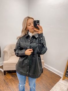 Our Oversized faux leather Casual shacket features a button up closure with a collard neckline and side pockets on the chest! Perfect to through on over a basic top or wear as a full shirt with a pair of jeans! 55% Polyester, 45% Polyurethane Model is wearing a Small Runs true to size! *For more info on model measurements checkout our model sizes page!* MADE BY: VERY J MODEL MEASUREMENTS: Top: XS-S Bottom: 00-0 Height: 5'2" Shoe Size: 6.5 Bra Size: 32B Trendy Snap Button Shacket, Button-up Outerwear For Night Out, Casual Leather Jacket With Snap Buttons For Work, Trendy Workwear Shacket With Flap Pockets, Chic Everyday Shacket With Button Closure, Casual Outerwear With Buttons For Night Out, Everyday Shacket With Lapel Collar, Casual Collared Outerwear For Night Out, Collared Shacket With Buttoned Pockets For Day Out