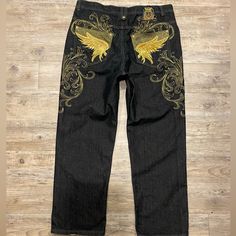 Wide Baggy With Studs Y2k Gold Embroidery W40”X L32” Some Wear On Back Of Hem Good Condition 572410nm See Pictures Used 2000s Men, Y2k Pants, Studded Jeans, Mens Straight Jeans, Gold Embroidery, Aesthetic Clothes, Victorious, Stylish Outfits, Mens Pants